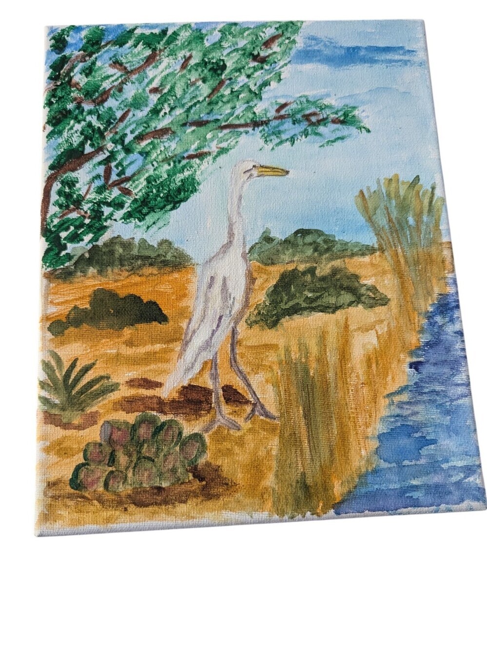 Hand-Painted Egret Landscape Canvas - White & Blue